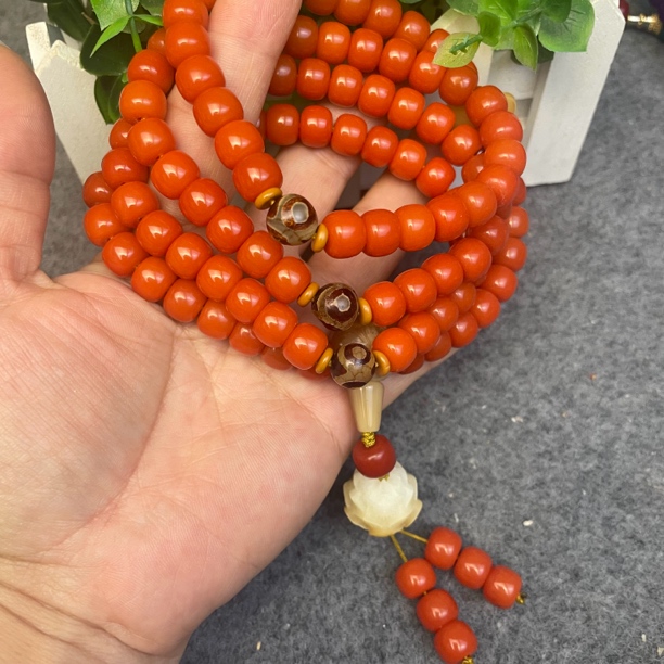 橙红色菩提根手串，多圈款式脖链1.0x1.1x108颗，送盘玩袋 