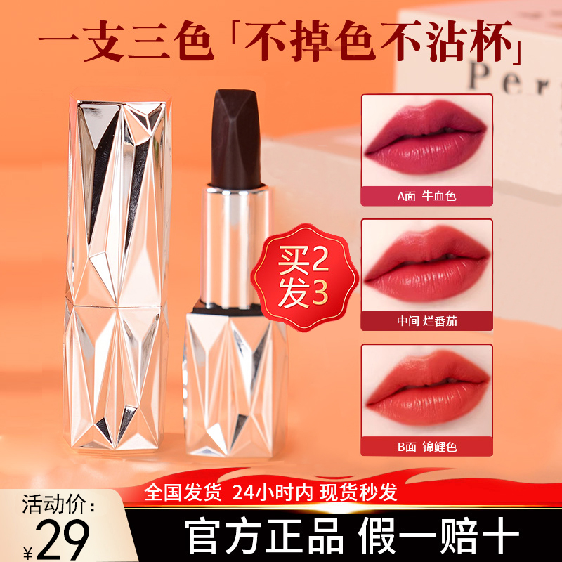 【口红不沾杯不掉色】黑钻丰盈一支三色口红/持久不掉保湿滋润显白