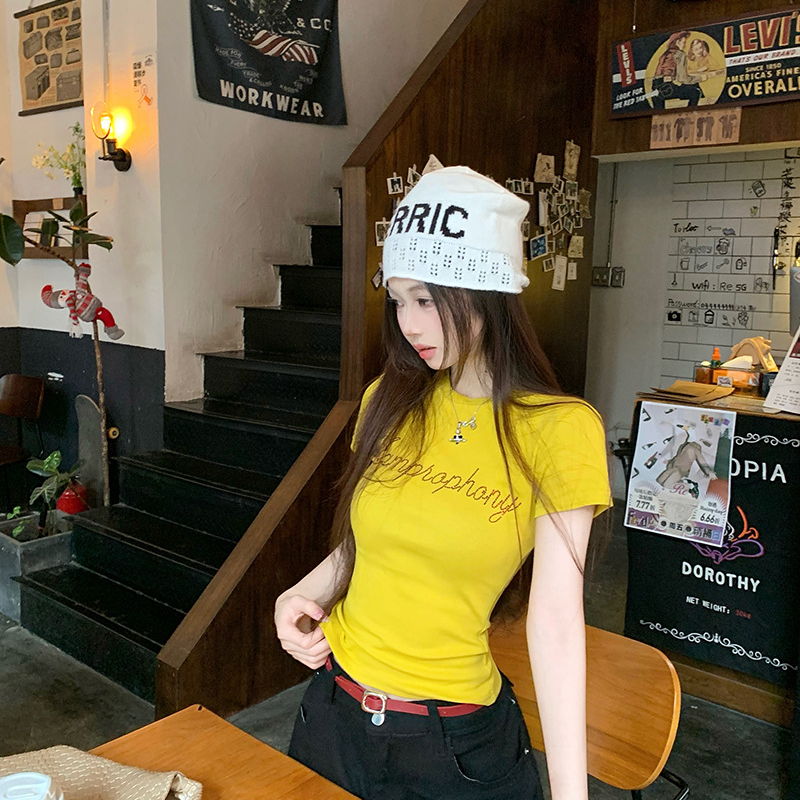 烫钻短款短袖INS风字母常规款T恤百搭可爱风显瘦美式