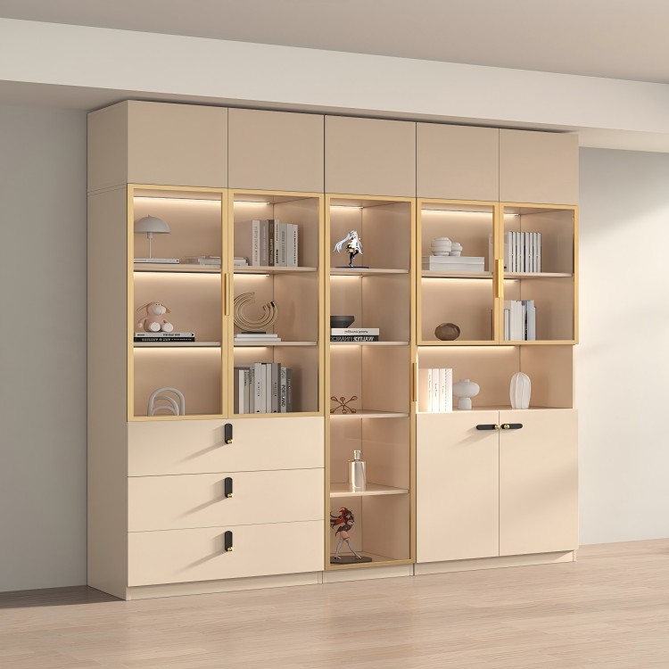 实木书柜一体整墙到顶定制柜子带玻璃门手办展示柜落地收纳置物柜