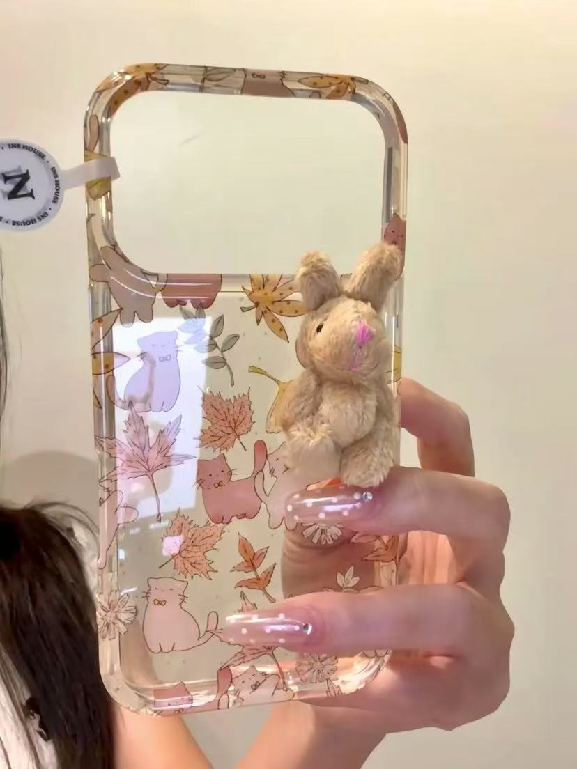 唯美满屏枫叶猫咪毛绒小兔适用iphone17pro手机壳苹果16pro新款15