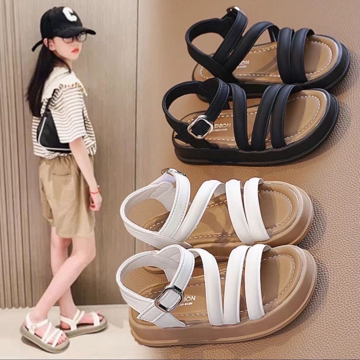 女童凉鞋露趾气质夏季软底新款时尚韩版公主学生可爱百搭洋气凉鞋