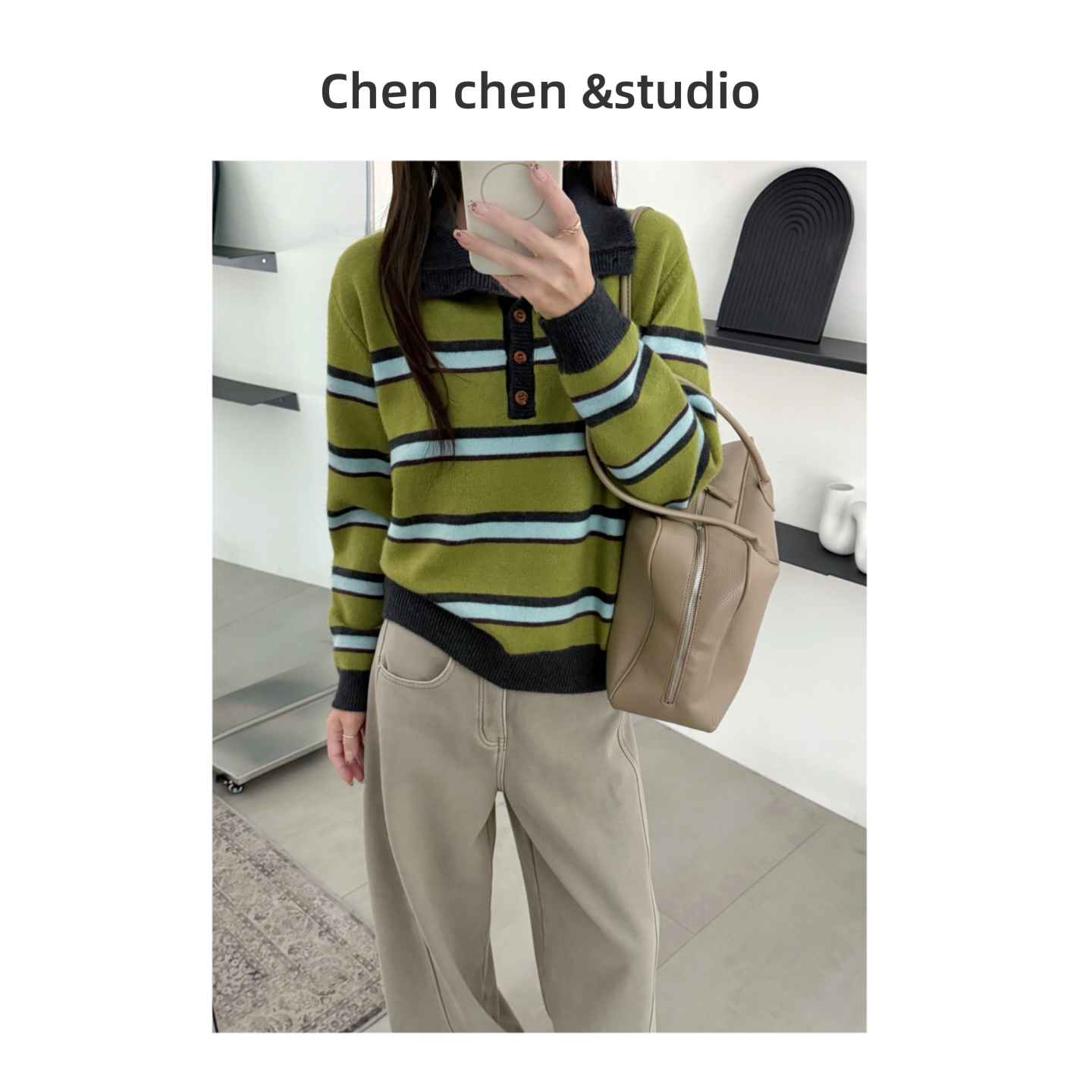 【立领开扣绿色翻领撞色条纹】提花针织衫套头毛衣秋冬新款保暖线衫