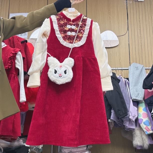 792哈哈家 女童新年装冬季加绒加厚新款洋气时髦背心裙套装