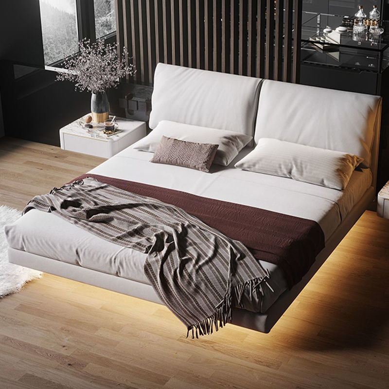 意式轻奢布艺悬浮床主卧高端大气悬空带感应灯软包实木床