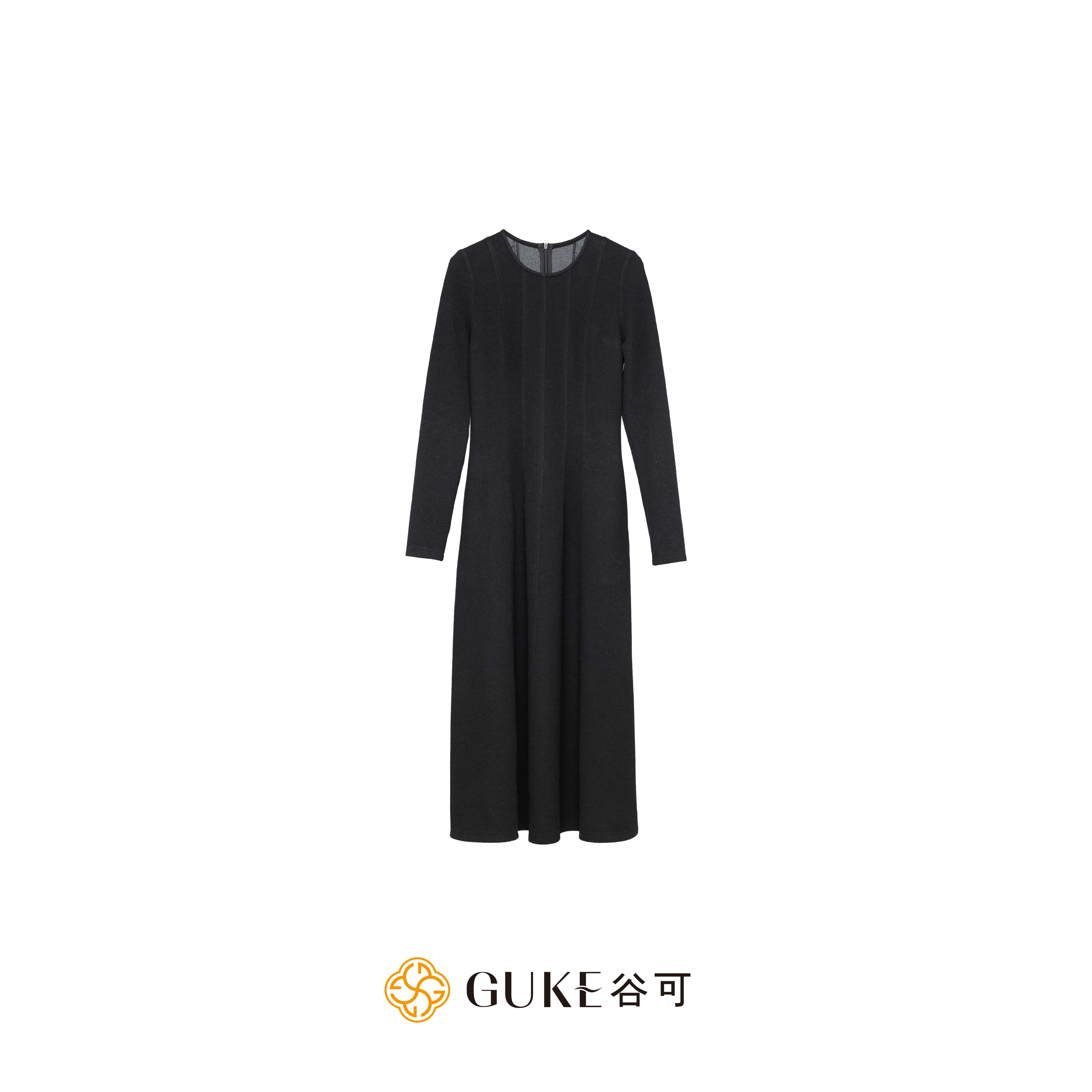 GKE/谷可LQ1052黑色修身连衣裙2025秋款简约剪裁气质优雅百搭女裙