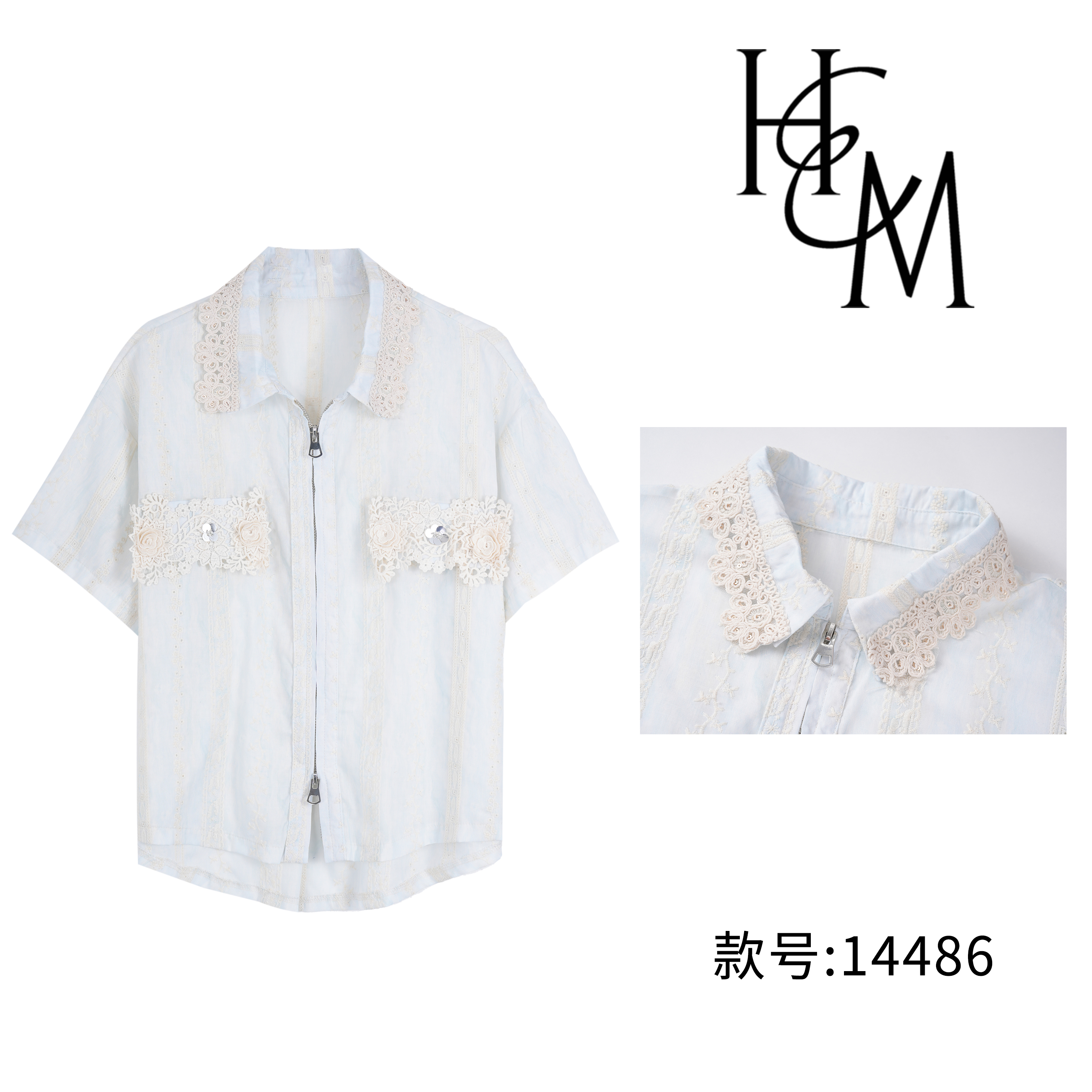 HUIERMAN/慧尔曼时尚设计师款小香风刺绣蕾丝拼接短袖衬衫【14486】