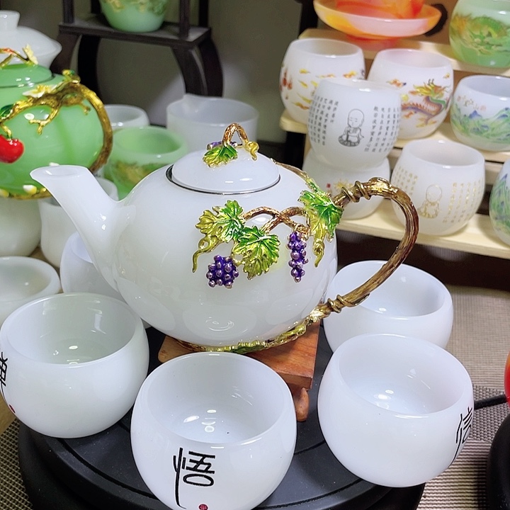 琉璃中式珐琅彩多子多福一壶六杯礼盒套装