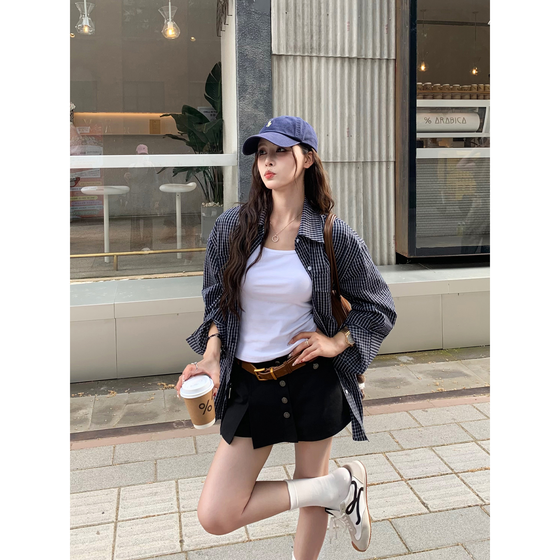 韩系复古格子衬衫女2025早秋新款宽松长袖格纹衬衣时尚休闲设计感