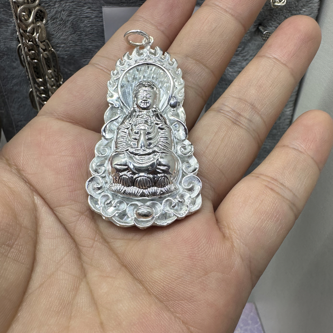坠链均足银皮 999纯银观音佛像菩萨纯银项链挂件男永保平安