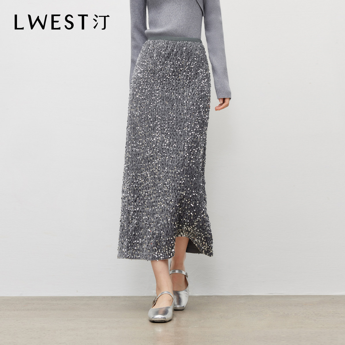 朗文斯汀2026春季新款高腰松紧直筒开叉珠片半身裙DTYQ6112C07037