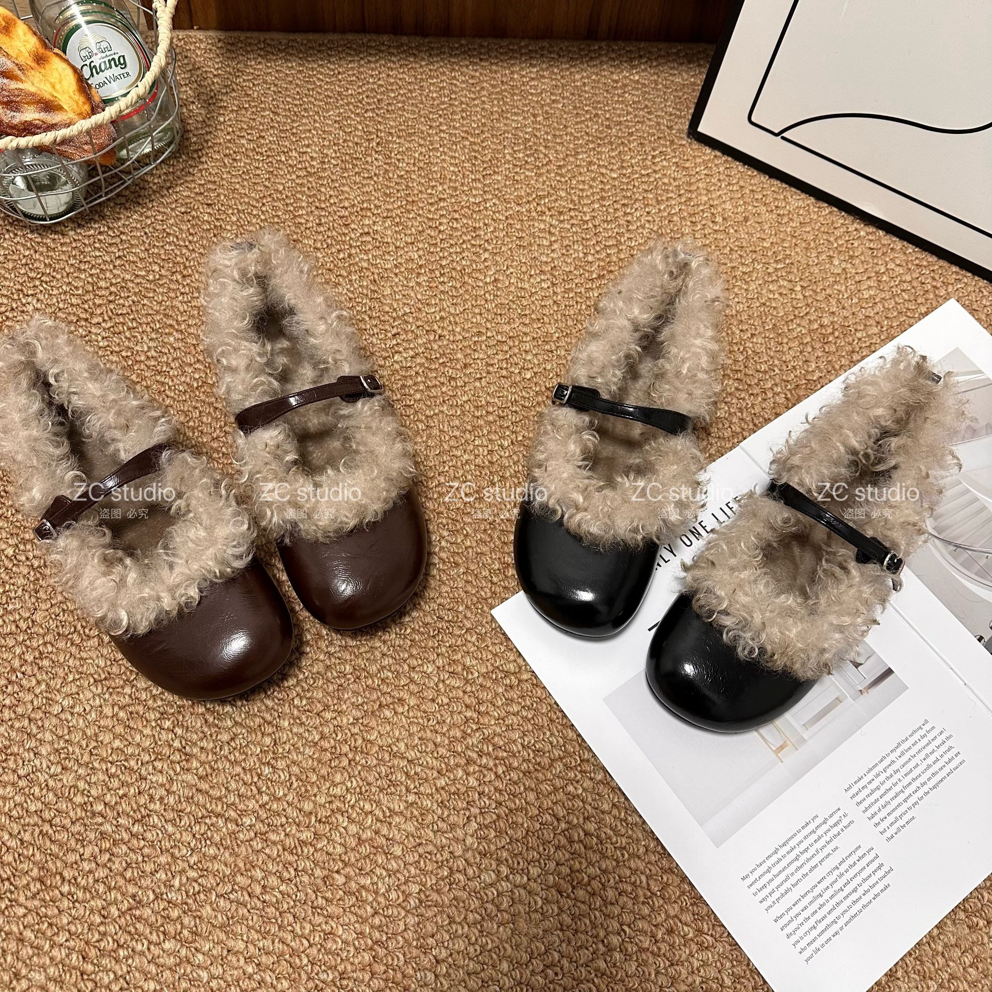 【珍珍家】“毛毛玛丽珍” 1.5公分真皮暴走一字扣软底软面单鞋包头鞋