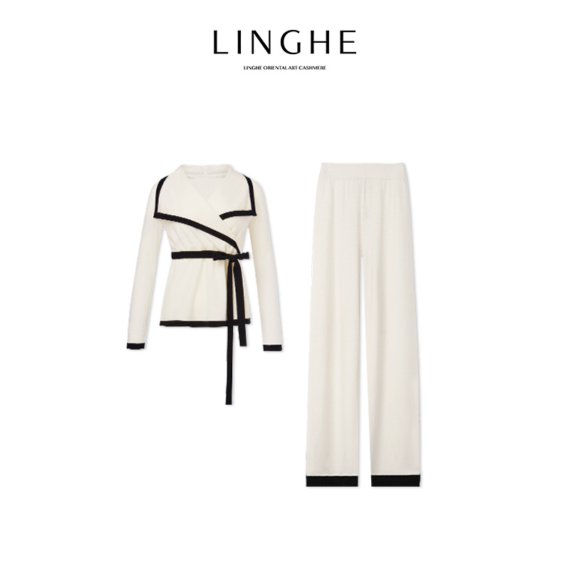 翎禾LINGHE-秋冬气质大翻领针织收腰上衣针织长裤套装