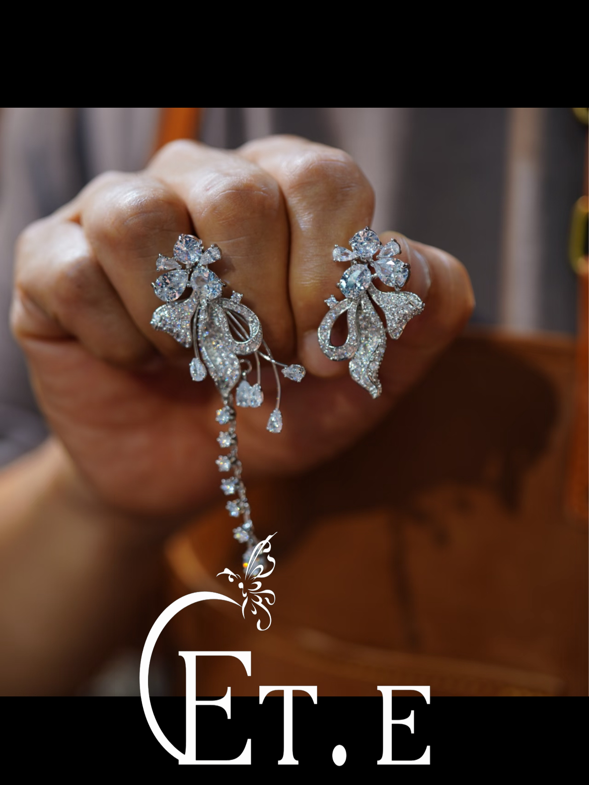 合金仿水晶耳饰 ete锆石版ab款重工耳夹时尚气质银色长款轻奢0142