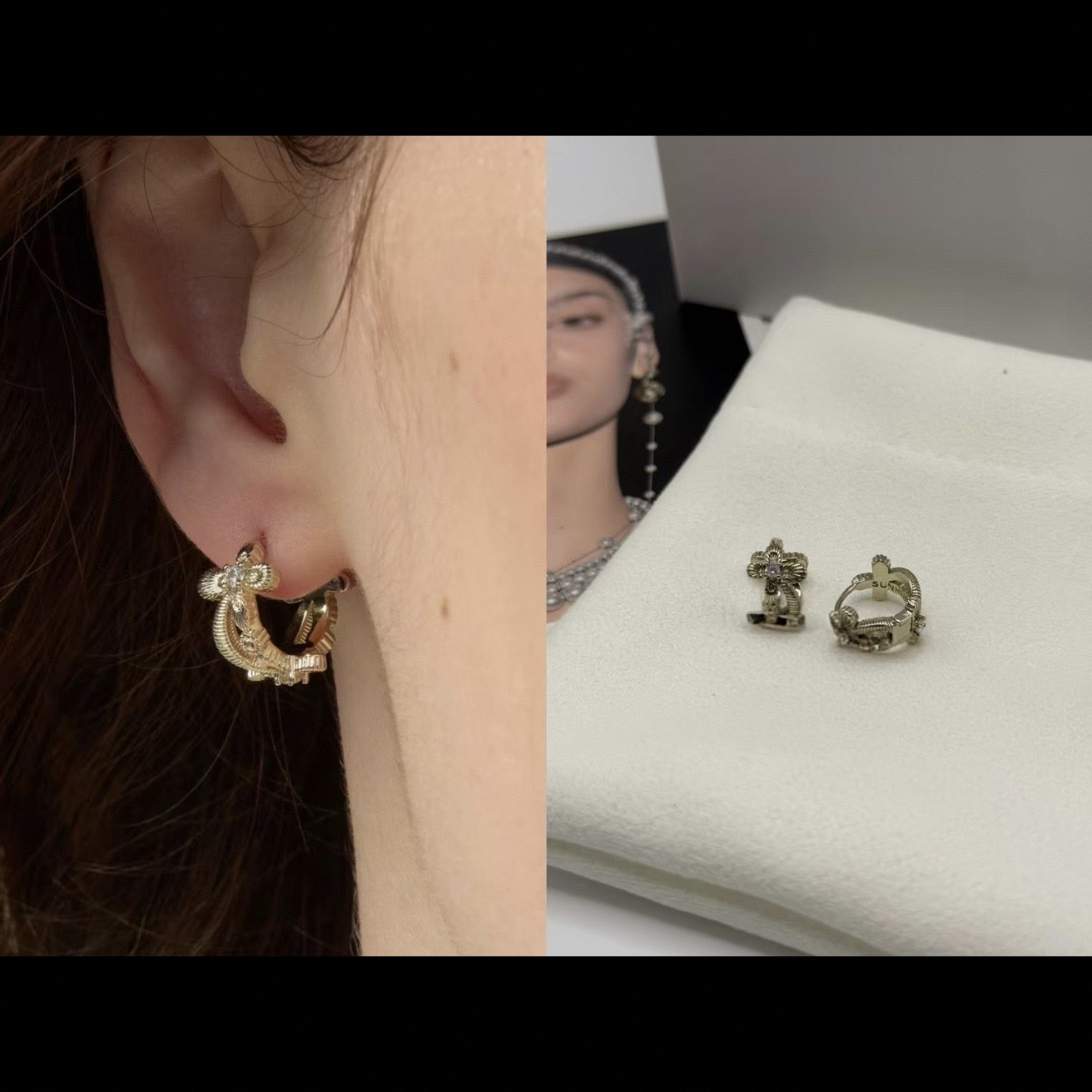 铜合金锆石耳饰 D501浅太金色十字花花闪闪耳扣款耳饰