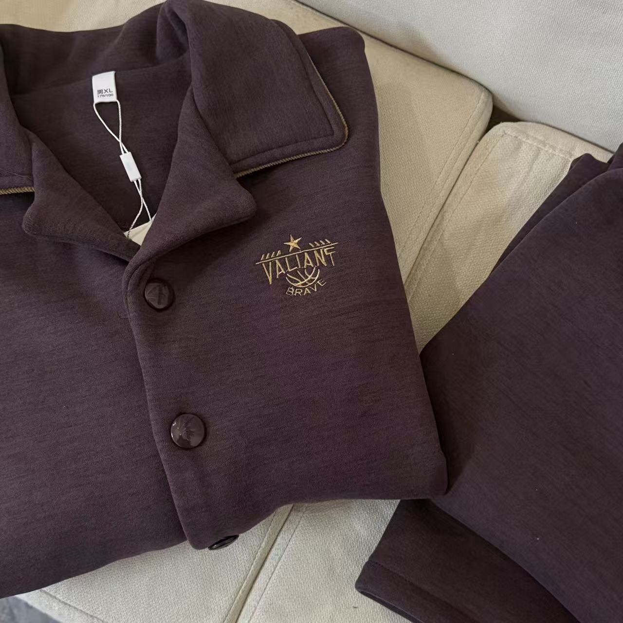 193-冬季男士暗紫刺绣五角星加厚复合绒开衫长袖长裤家居服套装