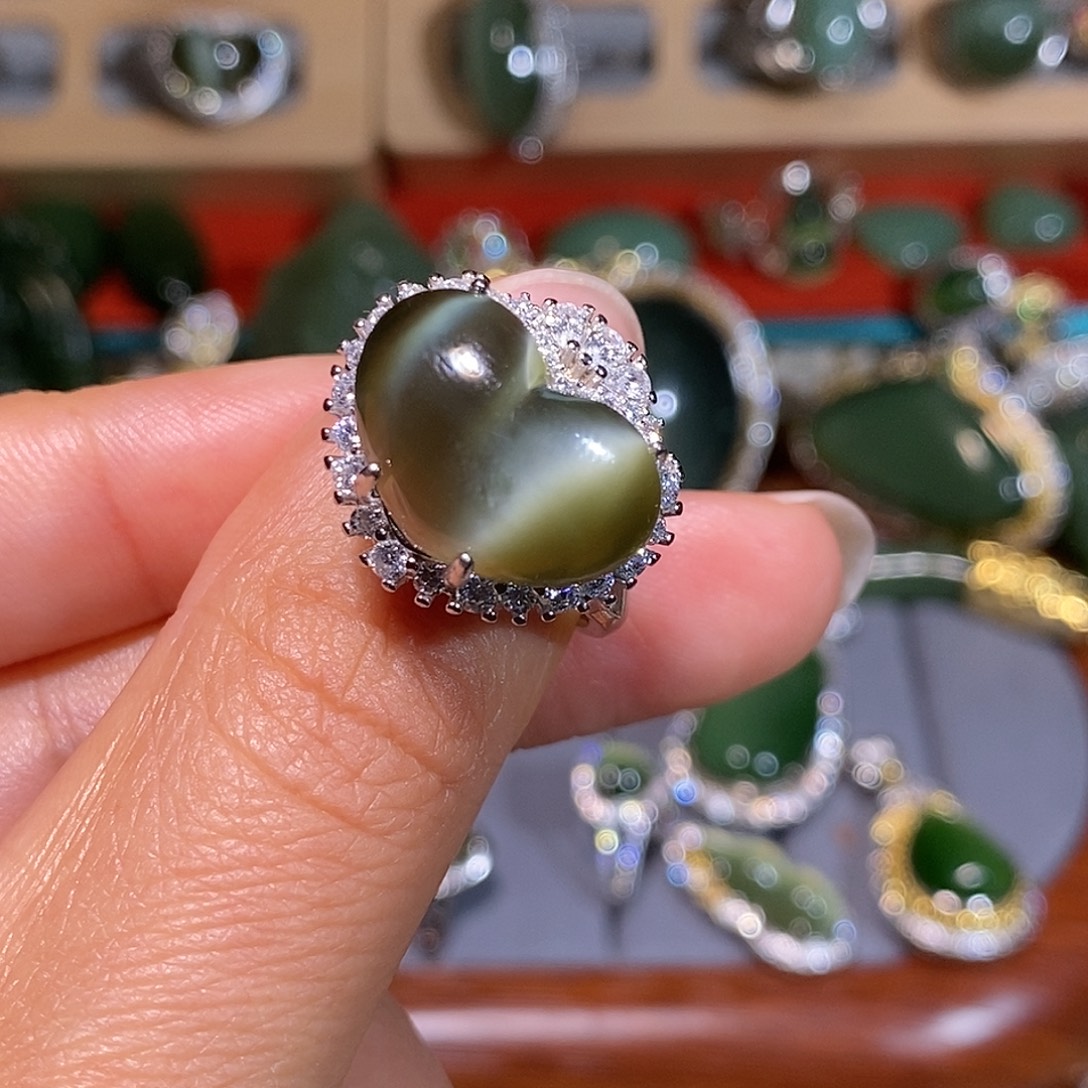 和田玉（碧玉）银S925镀金镶嵌戒指