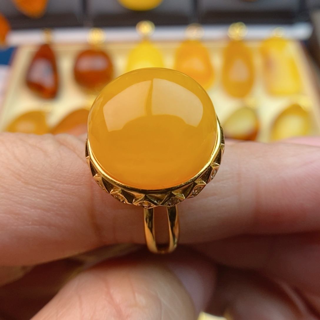 琥珀戒指银S925镀金镶嵌