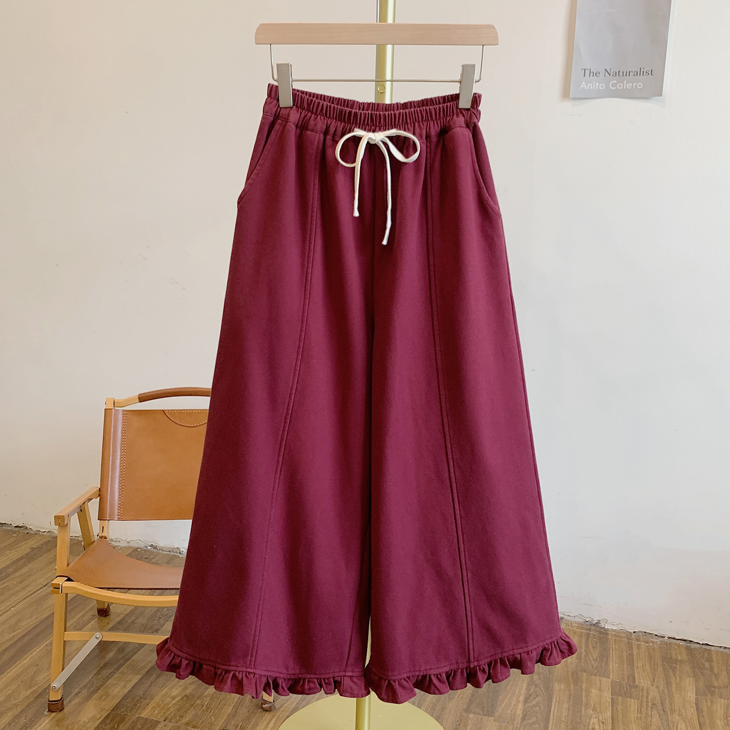 荷叶边边Y3289加绒荷叶边松紧腰系带阔腿裤