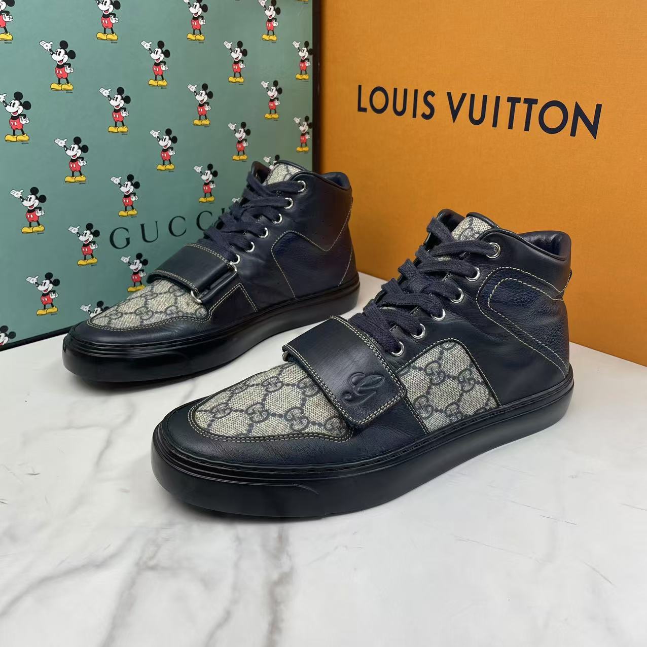 95新 GUCCI/古驰 藏蓝色双G老花满印魔术贴高帮休闲板鞋/40.5码