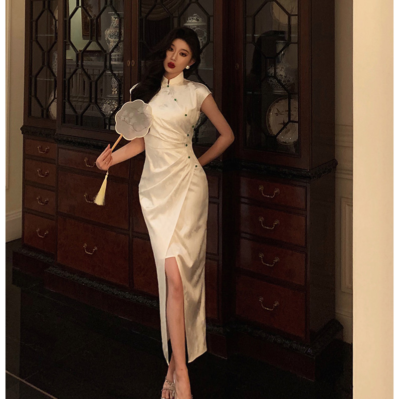 523新中式缎面旗袍连衣裙女2024夏季新款高级感提花开叉长裙3634