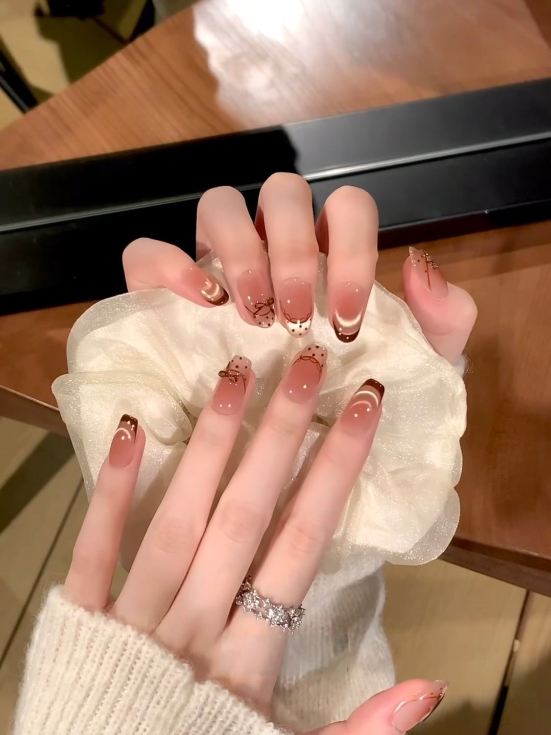 【秋日芭蕾】纯手工定制美甲拆卸穿戴甲粉色纯欲裸色中长款