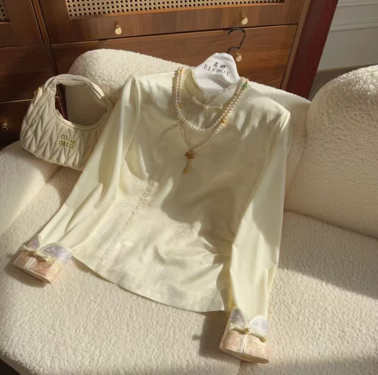 《纤韵》纯色新款桑蚕丝弹力针织国风立领白色短款衬衫衬衣3736上衣