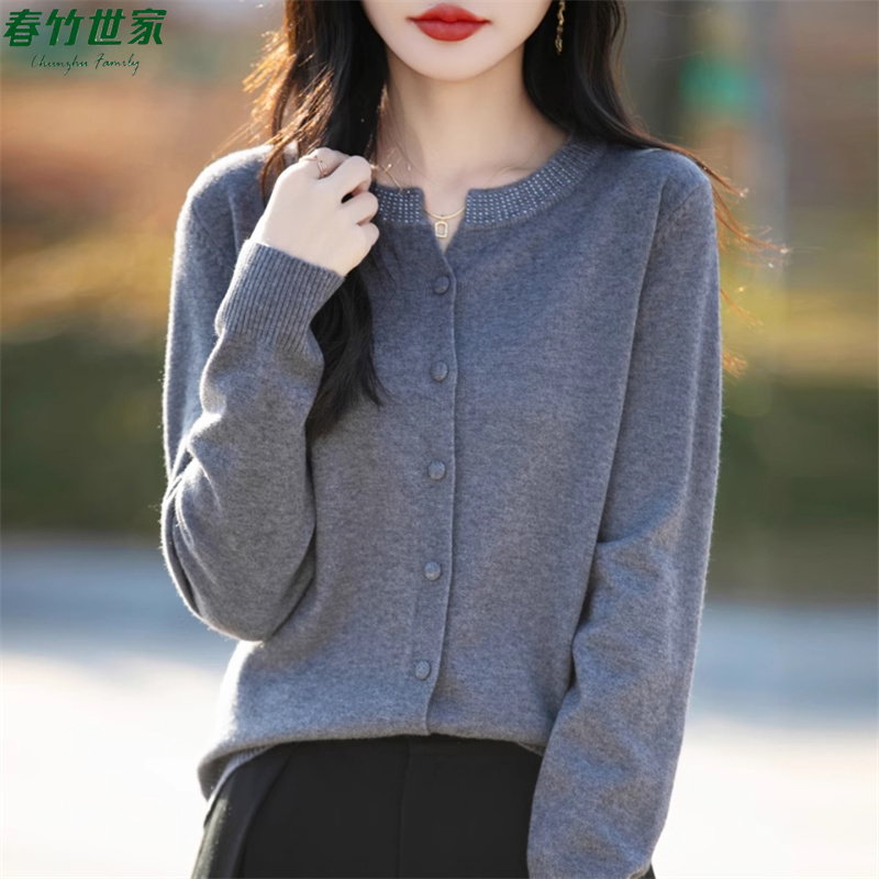 春竹世家长袖纯色单排扣羊毛针织开衫2025秋冬季羊毛时尚洋气毛衣