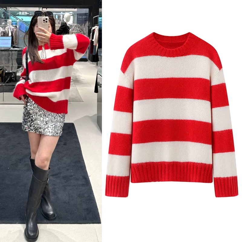 【红白条纹】25冬季新款红色条纹宽松慵懒风套头针织衫毛衣女
