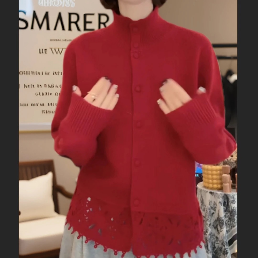 下摆钩花高领针织开衫女2025年秋冬季新款百搭上衣单排扣毛衣外套