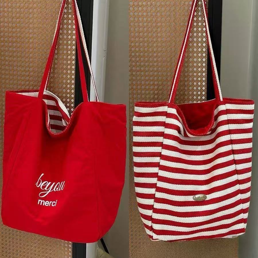 条纹帆布袋 2025韩国ins慵懒风托特包学生大容量休闲单肩包包女g