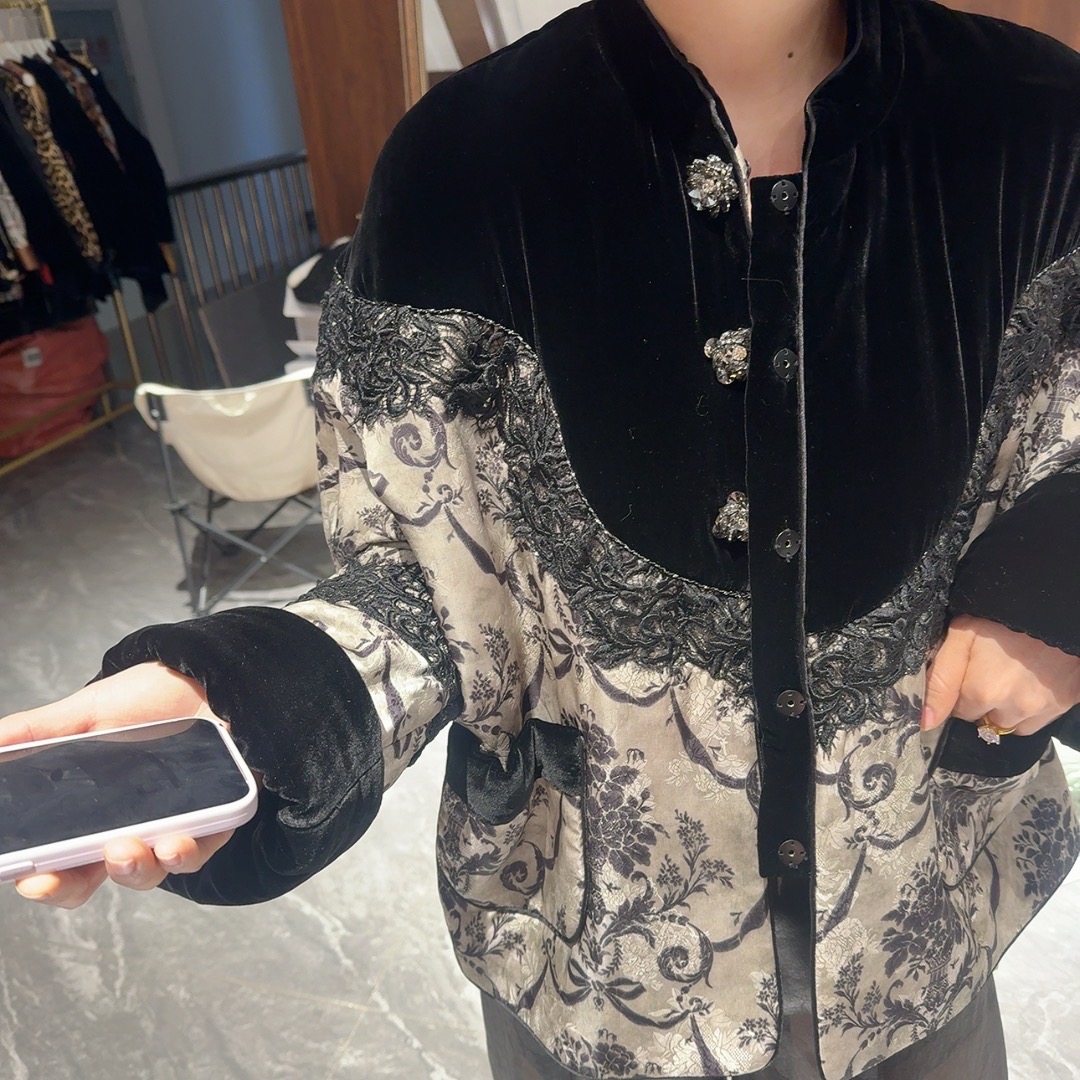 中式拼接钩花棉外套 