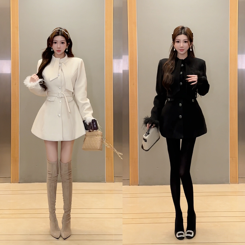 小雨姐姐【复刻许妍】领结收腰单面毛呢中长款绗棉内里外套冬季新款