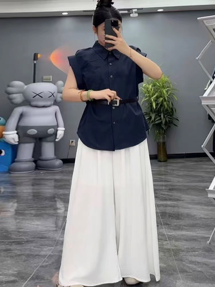 胖MM夏季时尚通勤短袖气质女装显瘦纯色上衣搭配阔腿裤