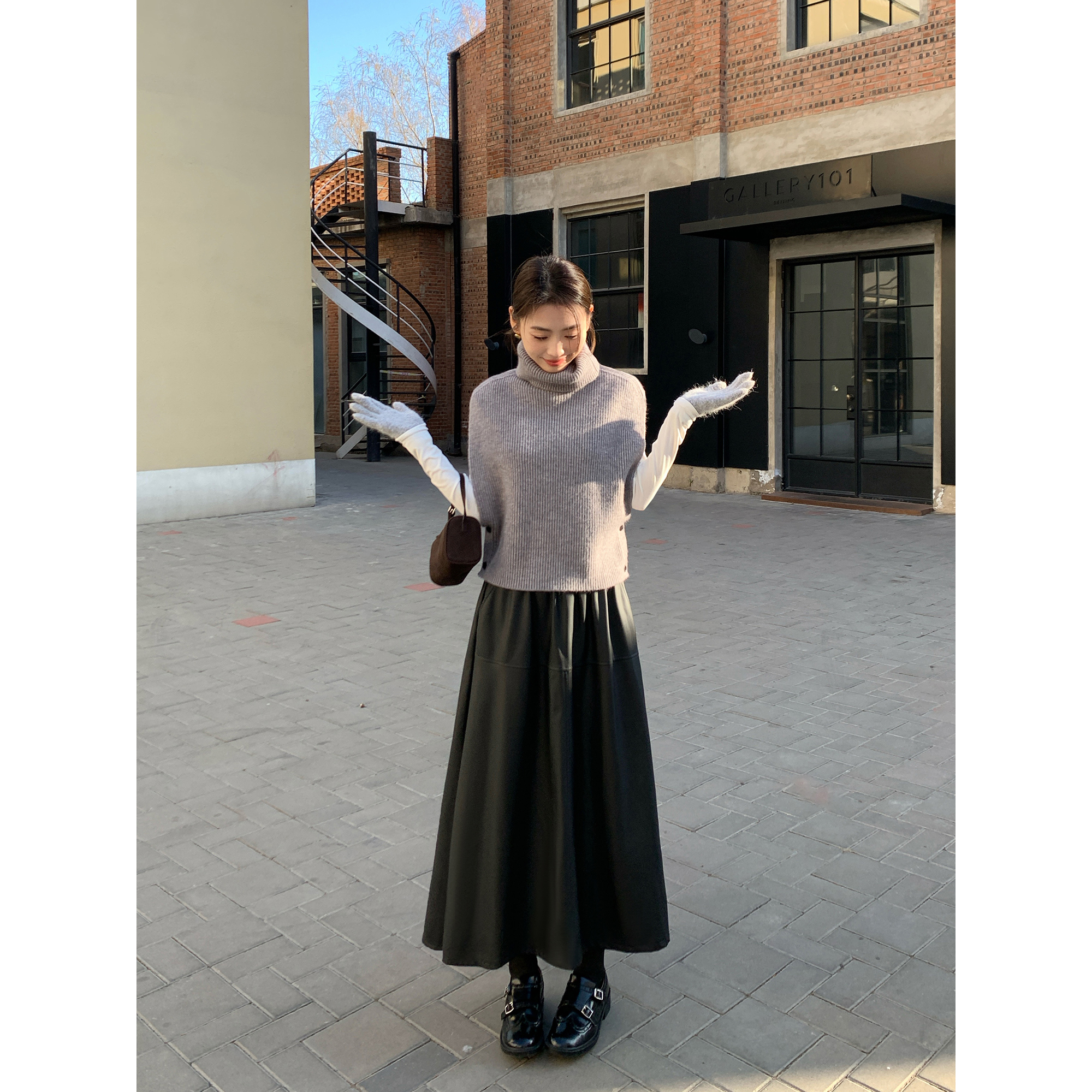 pusumede中长款皮裙半身裙高腰a字伞裙设计感小众裙子PSQ16580-D