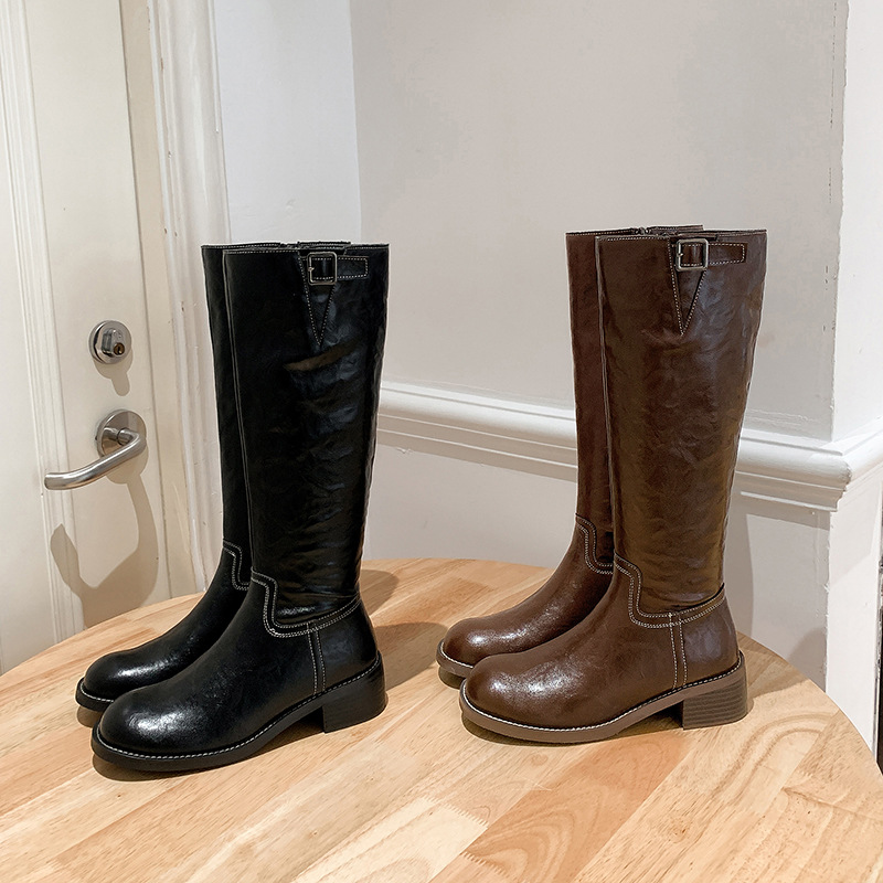 牛皮版 银座女孩~水洗牛皮厚底侧拉链中高筒靴子女秋冬骑士长靴