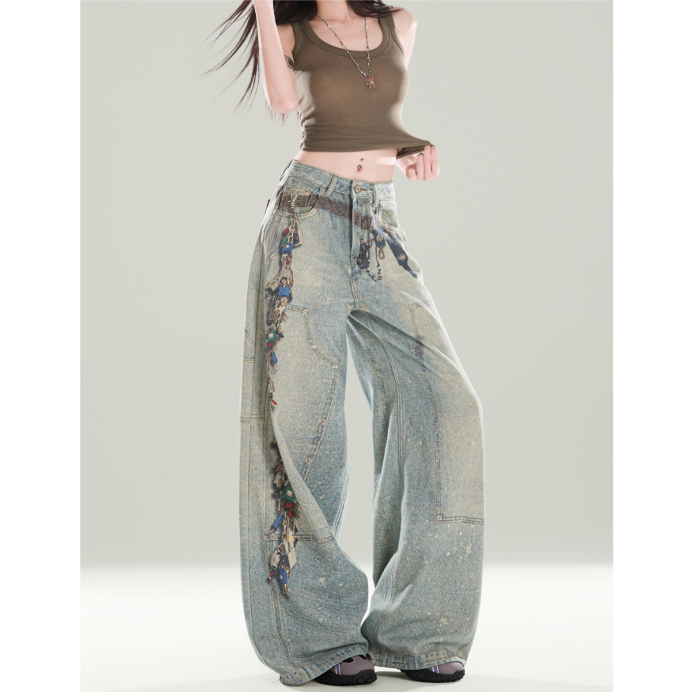 【清仓+运费险】美式做旧牛仔裤女秋冬宽松直筒阔腿梧桐拖地长裤子