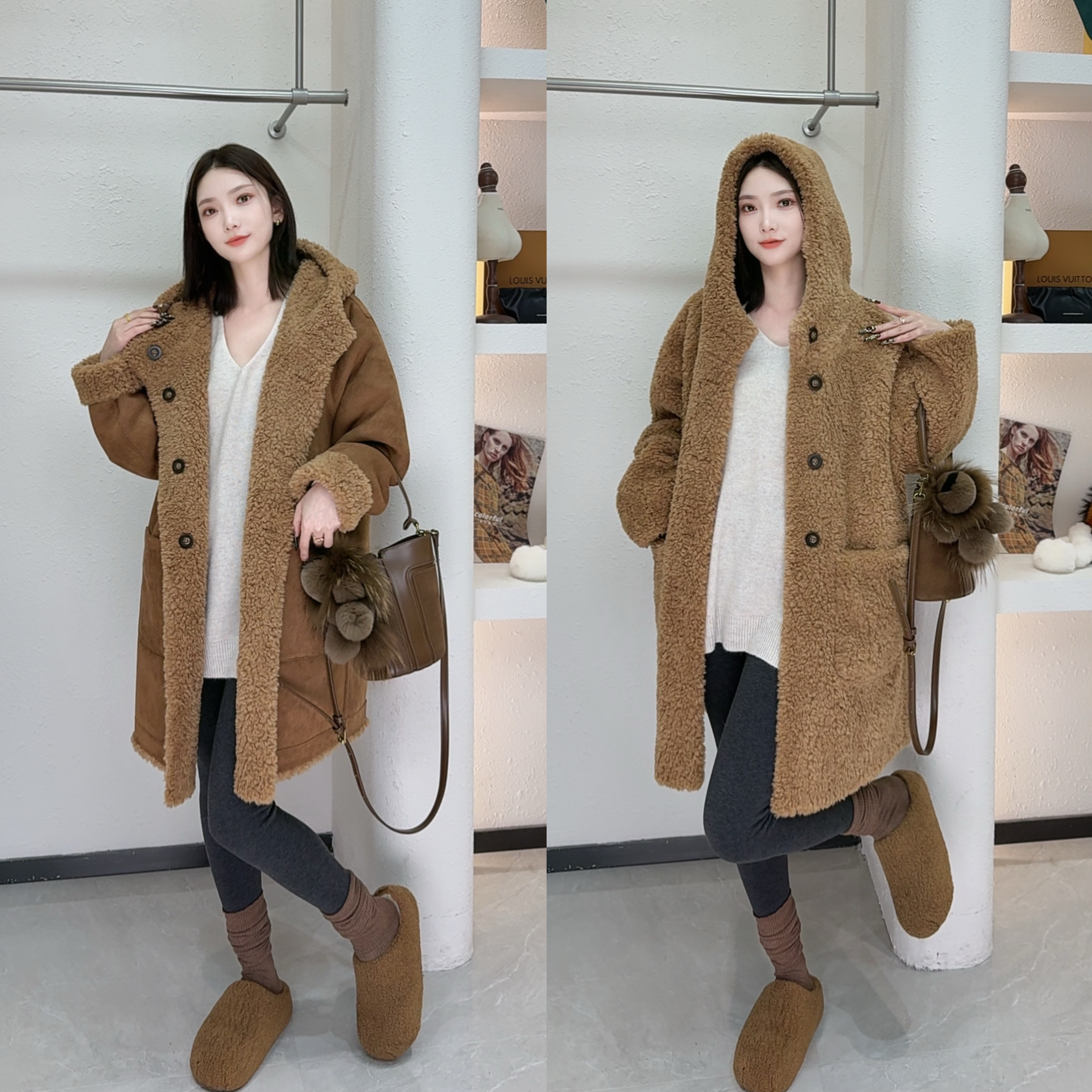 【格林童话】2025年冬季新款羊毛颗粒绒外套羊筋绒两面穿连帽