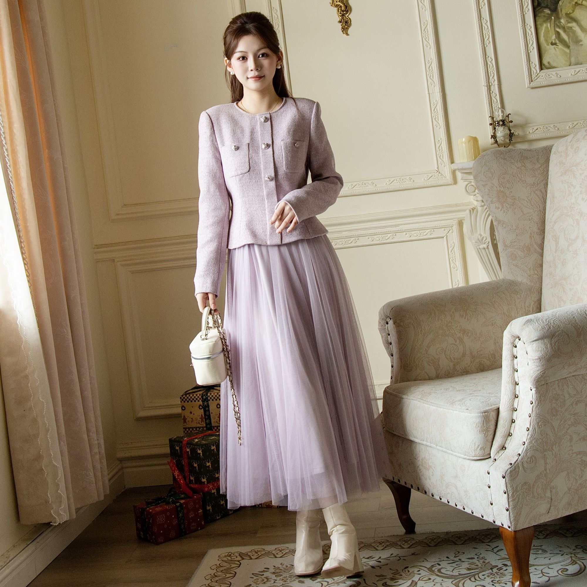 ON&ON/安乃安冬款韩系气质温柔轻奢网纱小香连衣裙NNAU16451