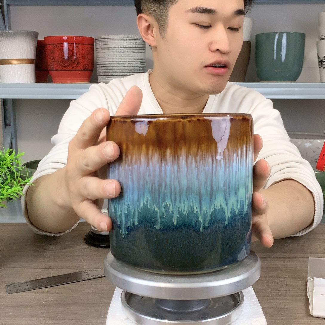 红陶蓝色三层渐变花盆14x14一个花盆