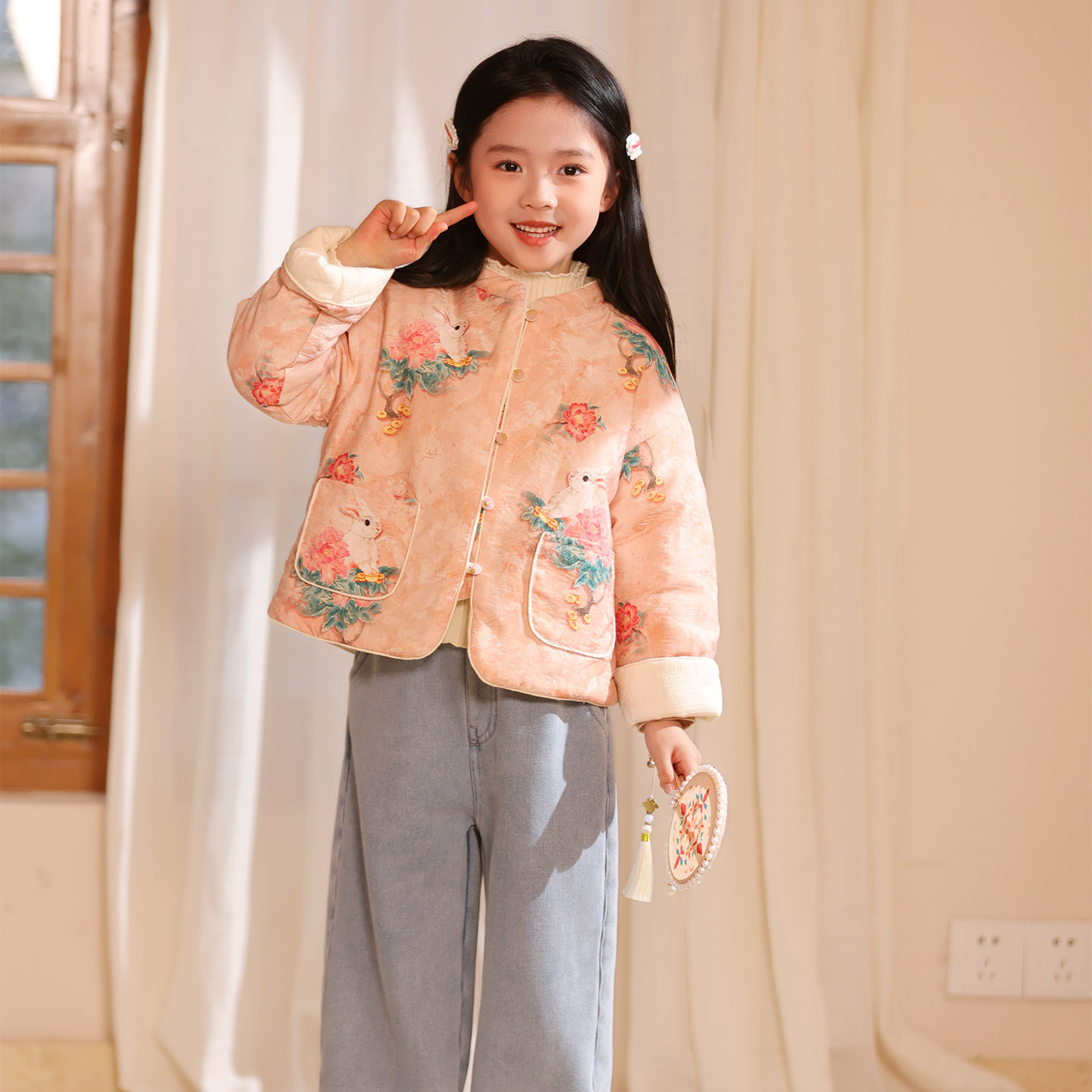 花间小兔-女童冬季双面穿2025新款新中式国风棉服儿童女孩外套