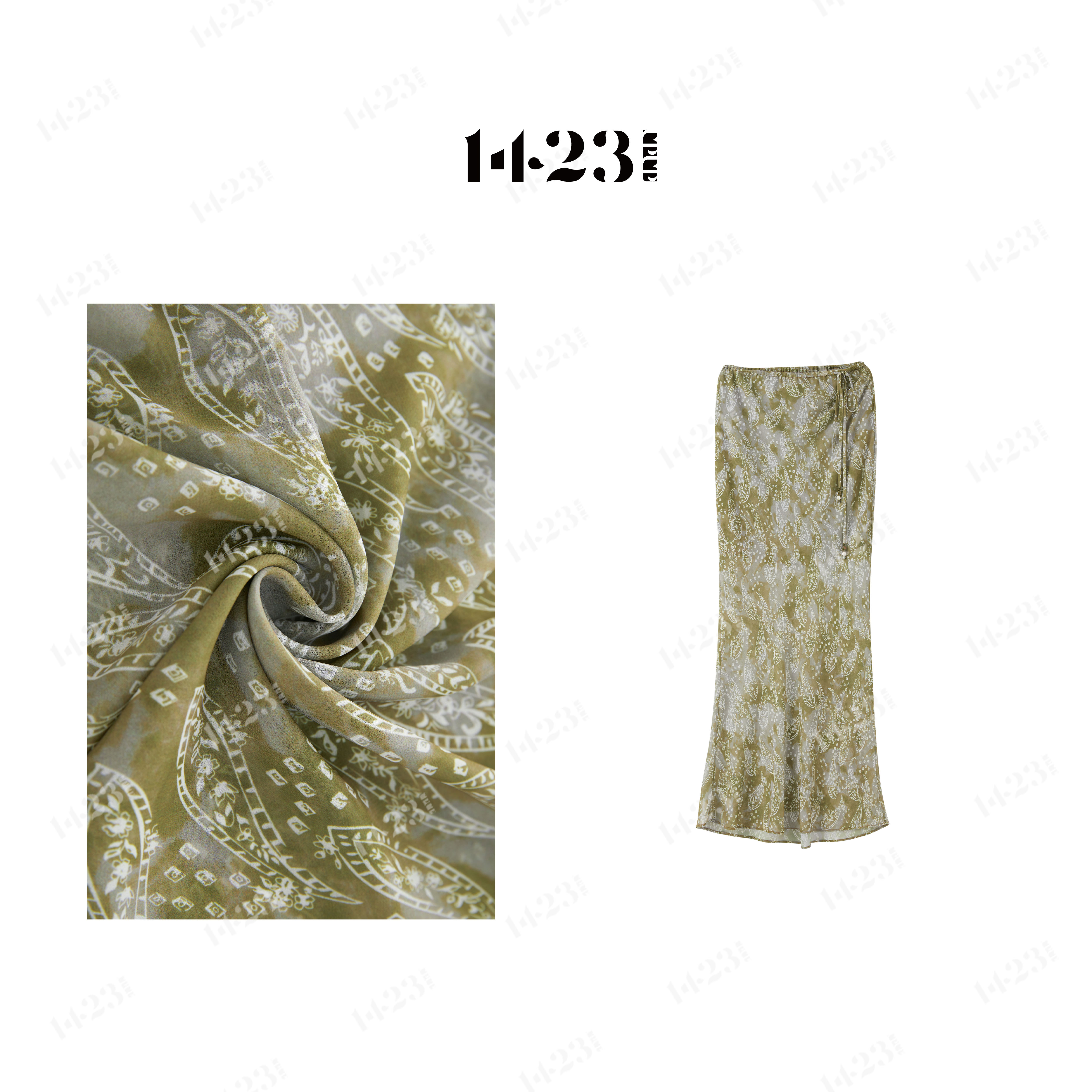 1423【森屿绿迹】绿色晕染腰果花夏季新款优雅气质包臀半身裙