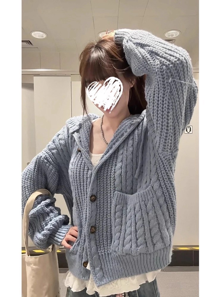 美式复古慵懒风连帽长袖麻花针织衫女秋冬休闲松驰感百搭毛衣外套