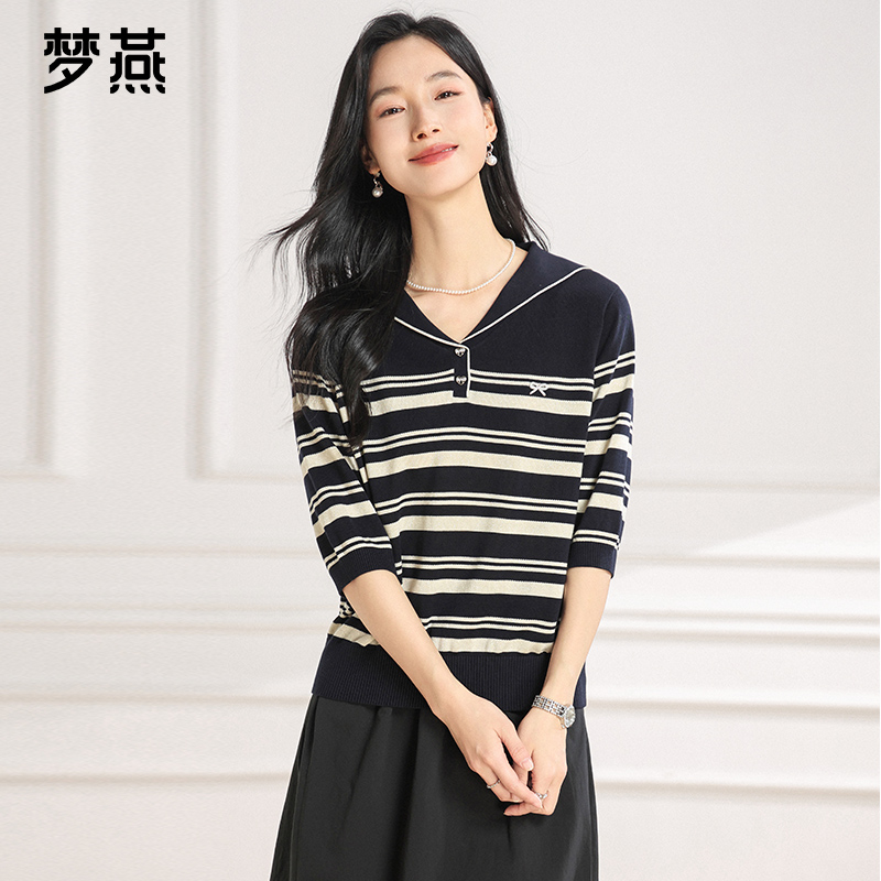 梦燕春秋女休闲风薄款长袖百搭条纹针织衫宽松经典上衣AC13B5011