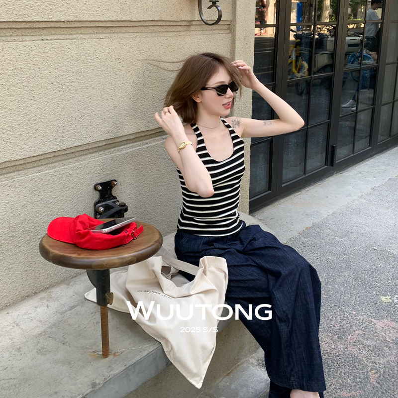 WuuTong【兔耳朵】吊带背心设计感修身辣妹美背条纹无袖挂脖上衣