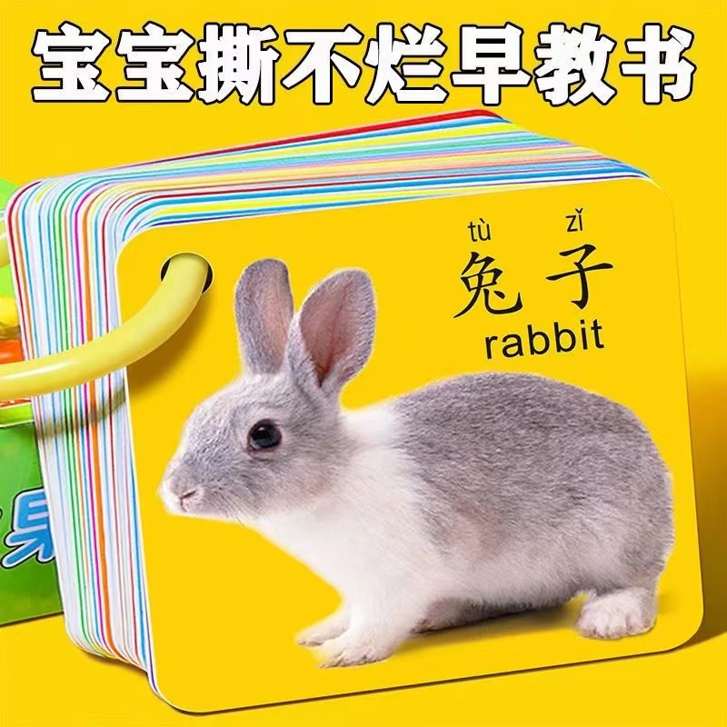 儿童撕不烂早教卡益智学习卡片宝宝启蒙玩具看图识字卡动物认知书