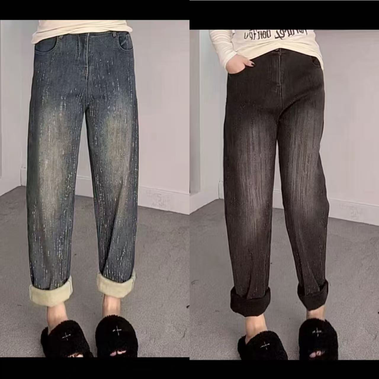 9165（丹姐家）后腰松紧亮钻加绒牛仔裤欧洲站冬季款洋气哈伦长裤