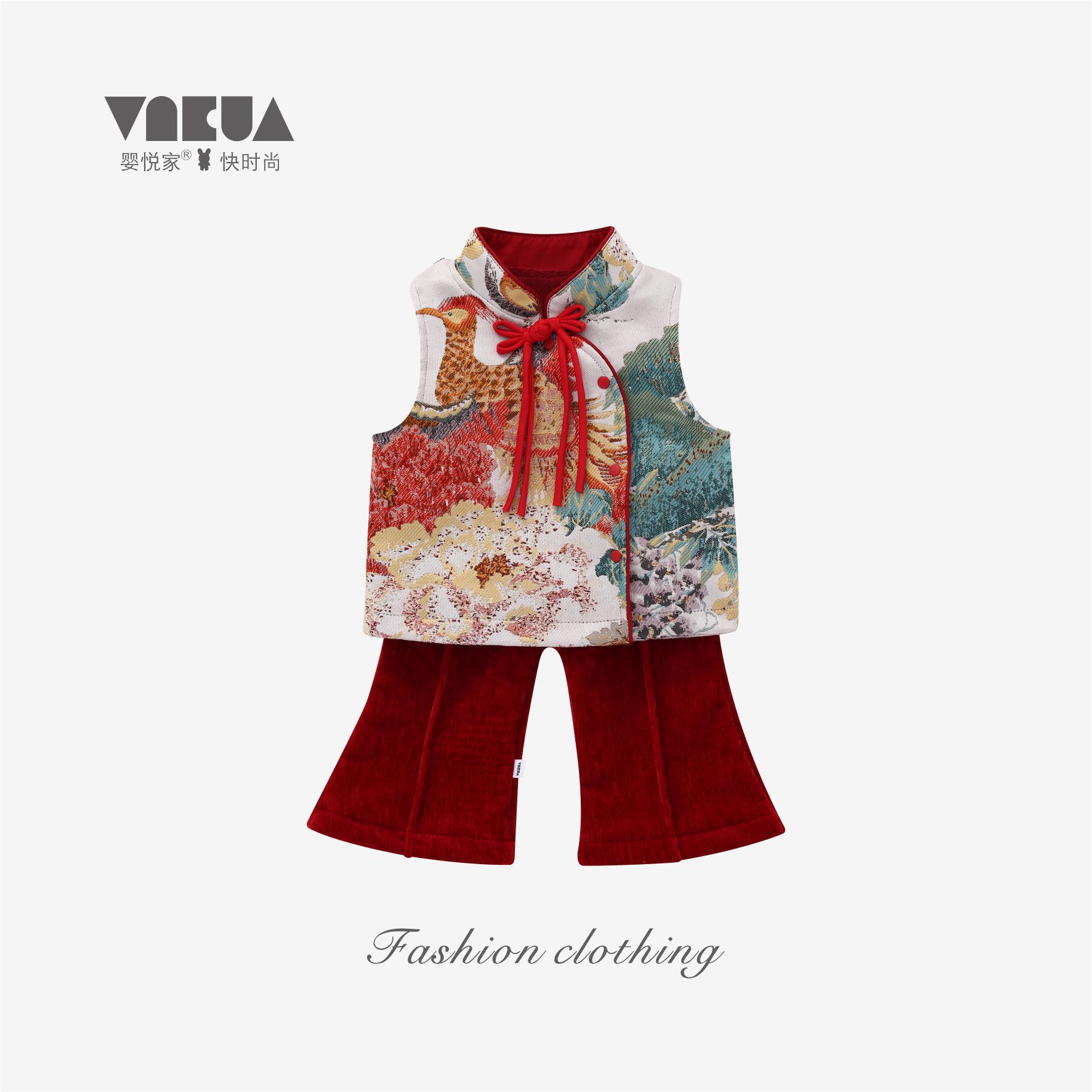 婴悦家秋冬女宝款萌娃年服复古中国风吉祥国朝凤凰女童套装 88277