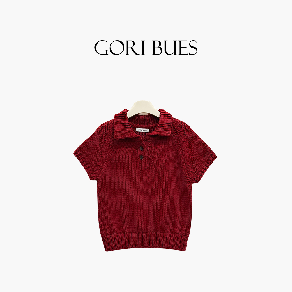 “韩女派对”韩G设计师果酱红洋气短袖翻领羊毛混纺毛衣G25SW59209