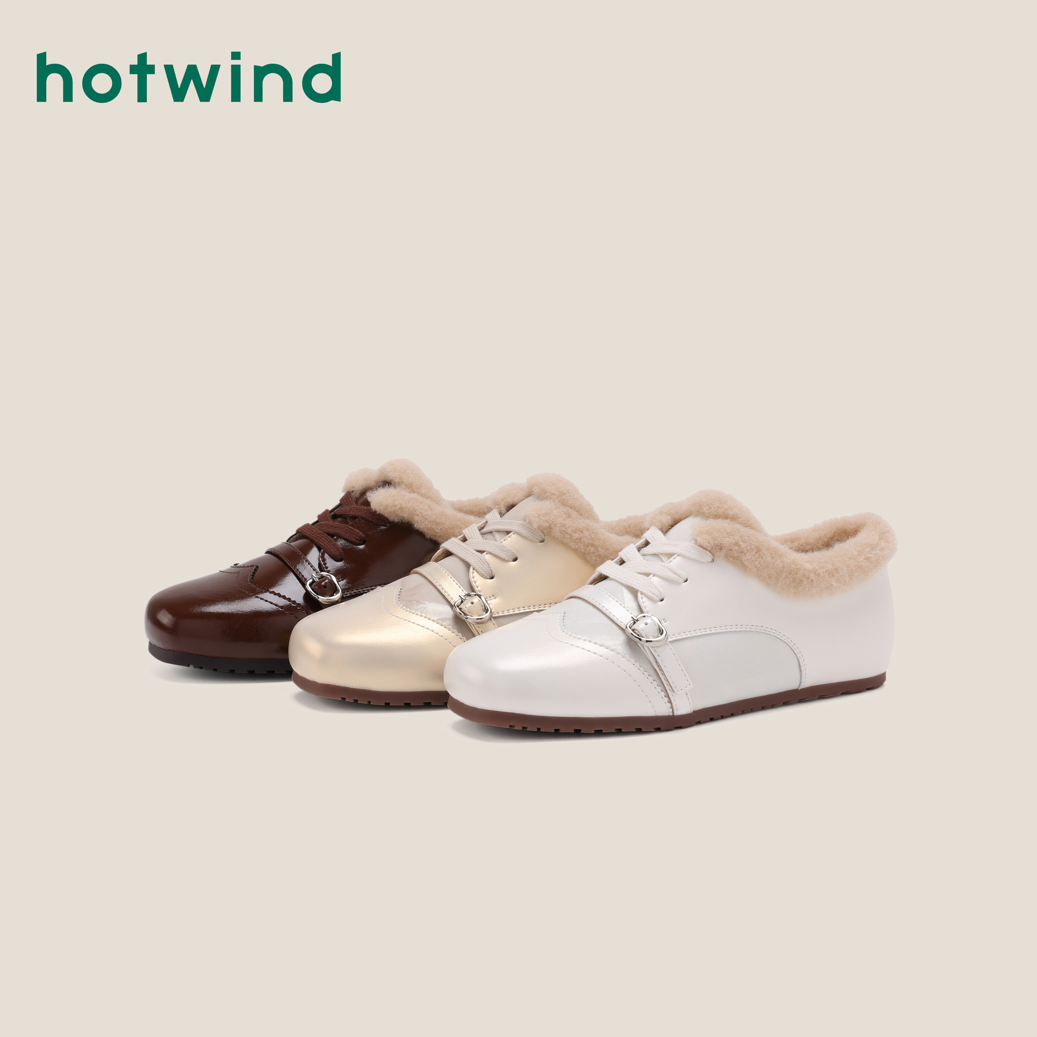 Hotwind/热风英伦风方头平底加绒小皮鞋2025冬季新款保暖百搭单鞋